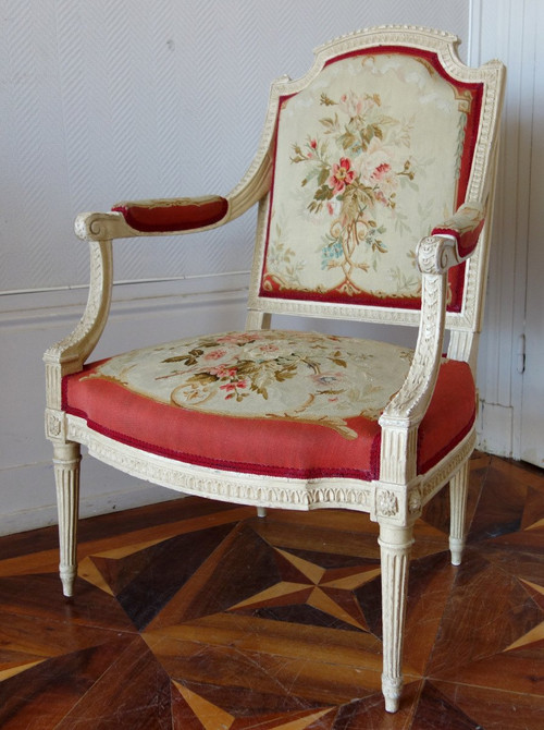 Claude Séné, Louis XVI Period Queen Armchair, Beauvais Tapestry & Inventory Number