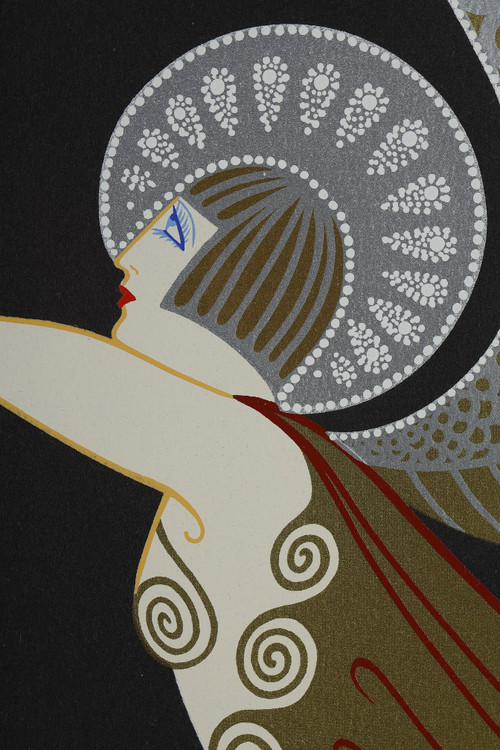 L'angelo con l'arpa, litografia a colori di Erté (1892-1990).