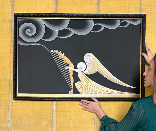 L'angelo con l'arpa, litografia a colori di Erté (1892-1990).