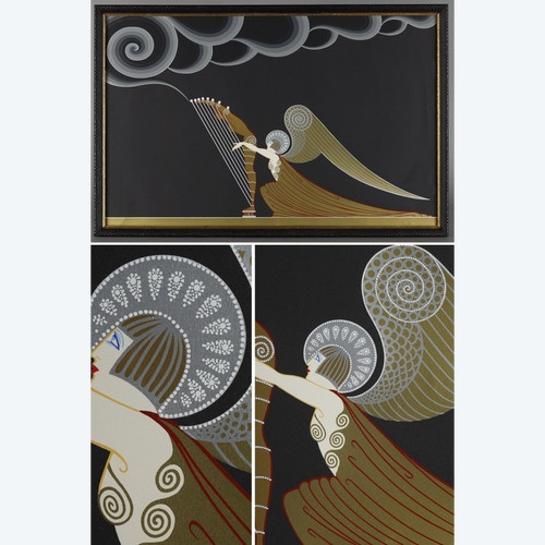 L'angelo con l'arpa, litografia a colori di Erté (1892-1990).