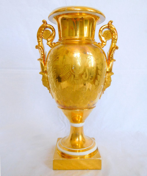 Fauveau Manufacture in Paris - Pair Of Large Empire Ornamental Vases In Golden Porcelain, 36cm