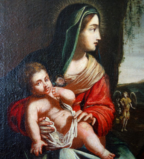 Scuola francese del XVII secolo, Riposo durante la fuga in Egitto - Sacra Famiglia 94,5x106 cm