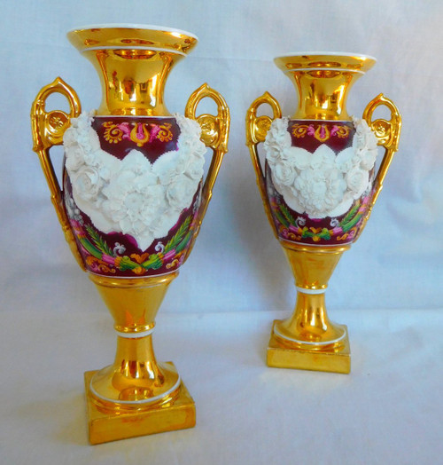 Pair Of Medici Empire Vases In Polychrome, Gilded And Biscuit Porcelain