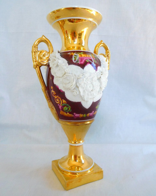 Pair Of Medici Empire Vases In Polychrome, Gilded And Biscuit Porcelain