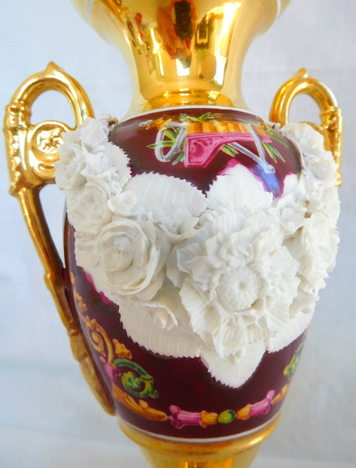 Pair Of Medici Empire Vases In Polychrome, Gilded And Biscuit Porcelain