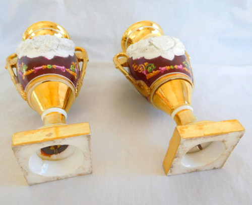 Pair Of Medici Empire Vases In Polychrome, Gilded And Biscuit Porcelain