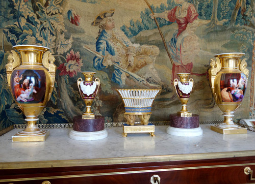 Pair Of Medici Empire Vases In Polychrome, Gilded And Biscuit Porcelain