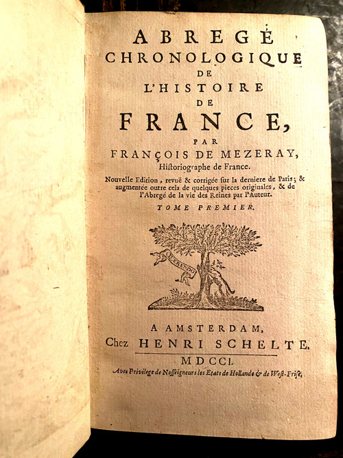 Riassunto cronologico della Storia di Francia di François de Mézeray, in 5 bellissimi volumi in pergamena dell'epoca ad Amsterdam Henri Schelte 1701