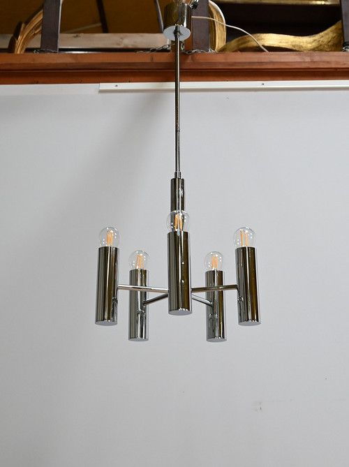 Modernist chandelier with 5 arms of light, Gaetano Sciolari, Italy – 1960