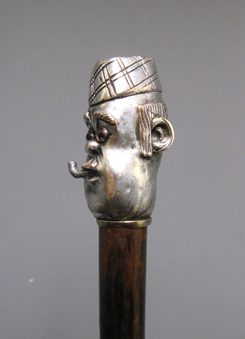 Walking Cane Silver Metal Handle. Scottish Head In Caricature.