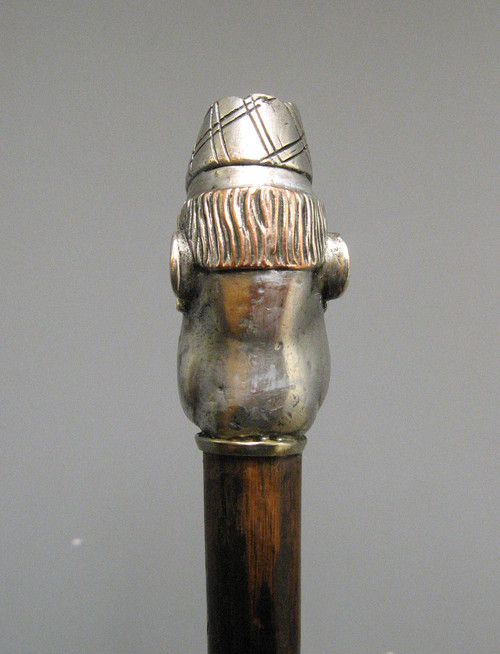 Walking Cane Silver Metal Handle. Scottish Head In Caricature.