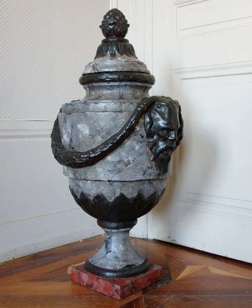 Große gedeckte Urne, Ziervase Im Stil Louis XVI - Gusseisen Patina Marmoroptik - 79cm