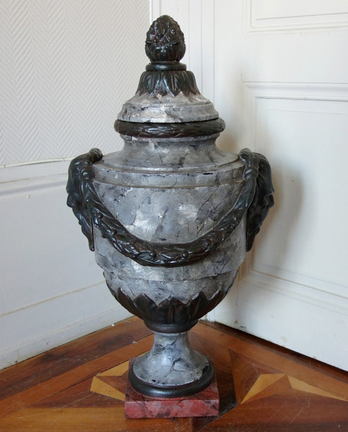 Große gedeckte Urne, Ziervase Im Stil Louis XVI - Gusseisen Patina Marmoroptik - 79cm