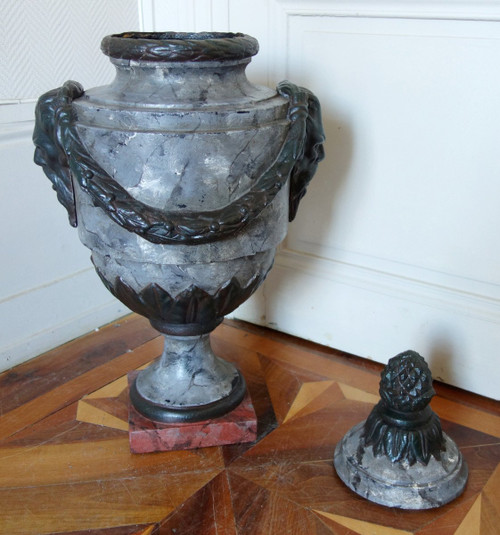 Große gedeckte Urne, Ziervase Im Stil Louis XVI - Gusseisen Patina Marmoroptik - 79cm