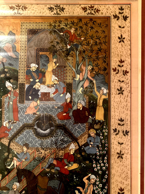 Well presented, a nice sized Persian miniature representing Characters in a Garden of Eden