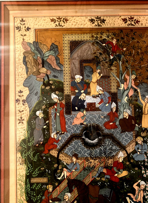 Well presented, a nice sized Persian miniature representing Characters in a Garden of Eden