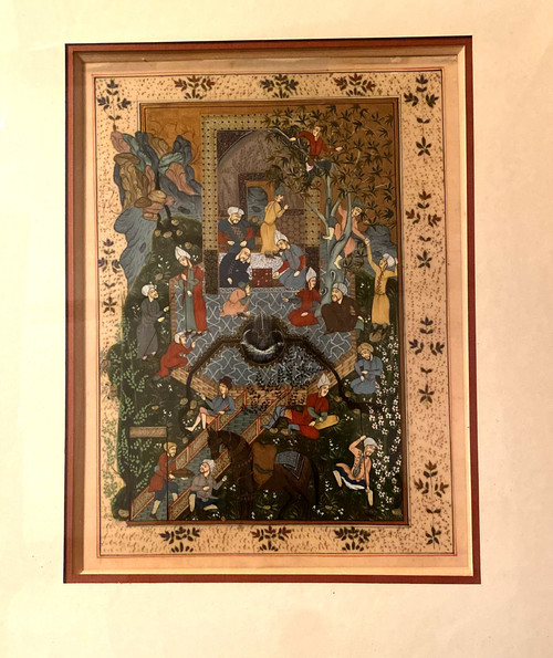 Well presented, a nice sized Persian miniature representing Characters in a Garden of Eden