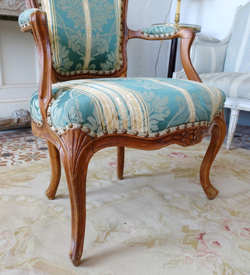 Suite De 4 Fauteuils Cabriolets d'époque Louis XV En Bois Naturel, Soierie Verte - 18th century