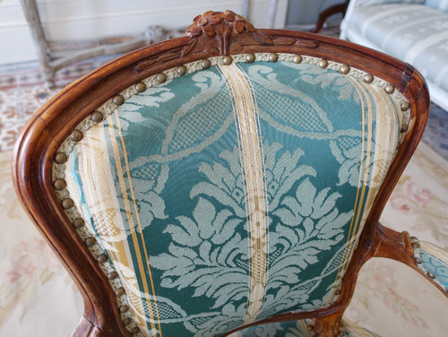 Suite De 4 Fauteuils Cabriolets d'époque Louis XV En Bois Naturel, Soierie Verte - 18th century