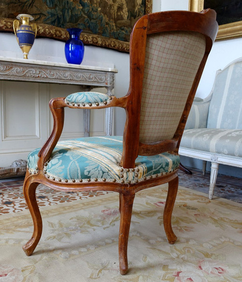 Suite De 4 Fauteuils Cabriolets d'époque Louis XV En Bois Naturel, Soierie Verte - 18th century