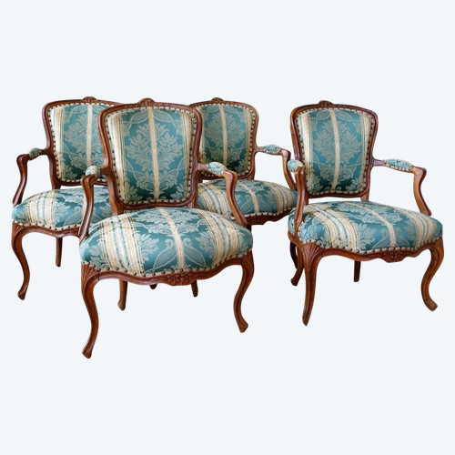 Suite De 4 Fauteuils Cabriolets d'époque Louis XV En Bois Naturel, Soierie Verte - 18th century