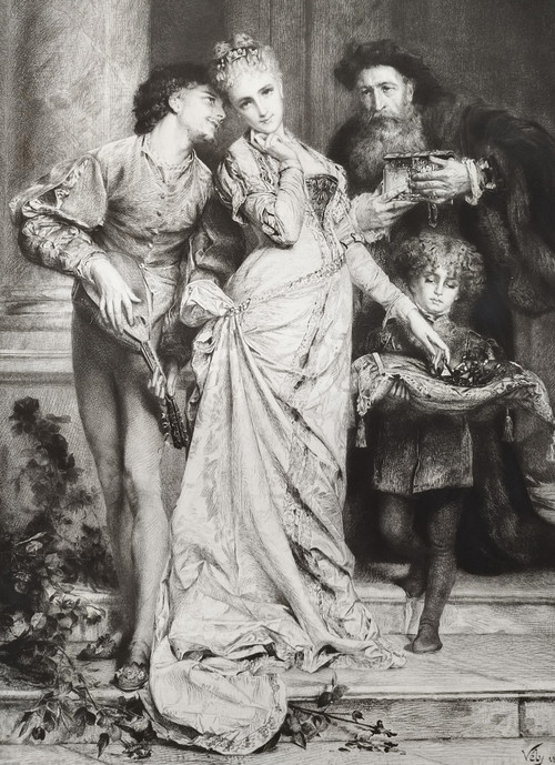 Entre l'Amour Et La Richesse Gravure Par Charles Waltner d'Après Anatole  Vély