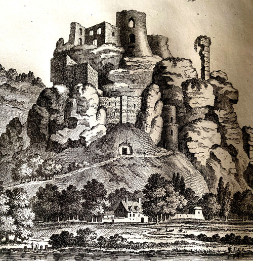 Paar goldene Stahlstiche im Baguetterahmen des romantischen Frankreichs, 1. und 2. Ansicht des Château Gaillard des Andelys in der oberen Normandie