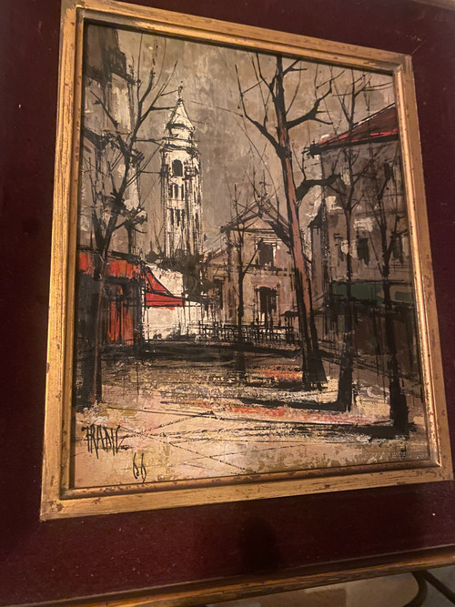  Bellissima e strana veduta di Montmartre nel 1966 olio su tela firmato Franc , seguace di Buffet