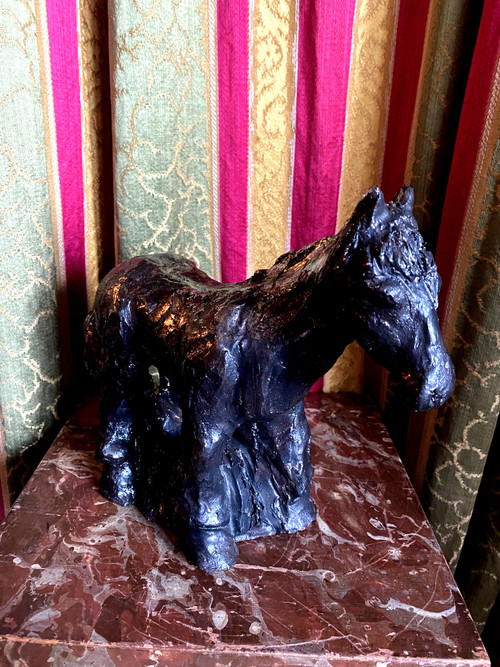 Original black metallic glazed terracotta of a Percheron draught horse from the 70's signed Val