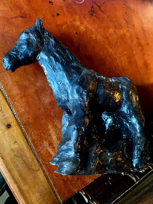 Original black metallic glazed terracotta of a Percheron draught horse from the 70's signed Val