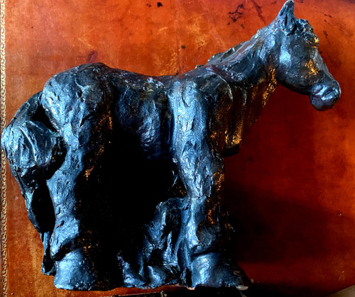 Original black metallic glazed terracotta of a Percheron draught horse from the 70's signed Val