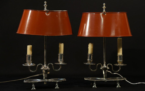 Paire De Lampes Bouillotte, Bronze Argenté, XIXème, électrifiées