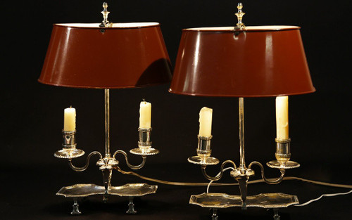 Paire De Lampes Bouillotte, Bronze Argenté, XIXème, électrifiées