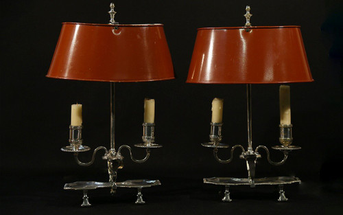 Paire De Lampes Bouillotte, Bronze Argenté, XIXème, électrifiées