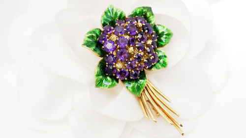 Yellow Gold, Amethyst And Enamel Brooch