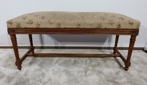 Long solid walnut bench seat, Louis XVI style - 1900