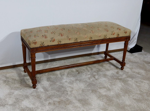 Long solid walnut bench seat, Louis XVI style - 1900