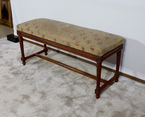 Long solid walnut bench seat, Louis XVI style - 1900