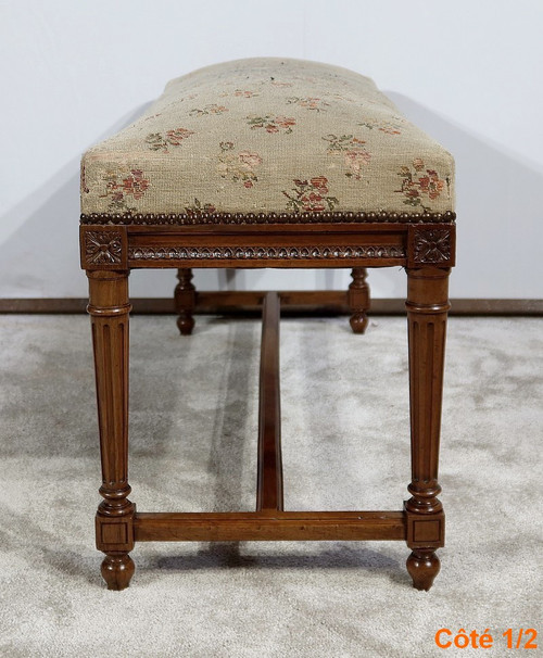 Long solid walnut bench seat, Louis XVI style - 1900