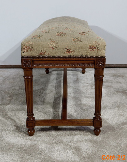 Long solid walnut bench seat, Louis XVI style - 1900