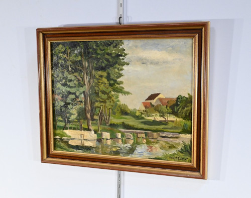 Oil painting on wood, signed M.Cauvet - 1958