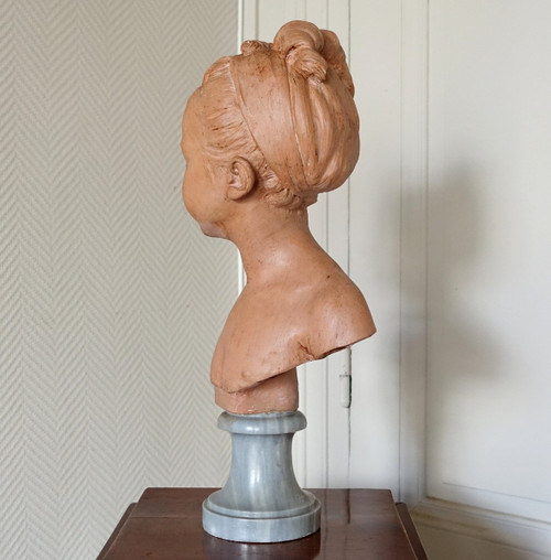 Busto di Louise Brongniart secondo Houdon, terracotta e marmo turchese, fine del XIX secolo - 45 cm