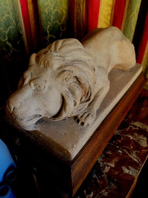 Lion et  lionne en terre meuble d'Atelier , projet de gargouilles  par Geoffroy ,  un suiveur de Viollet-le -Duc , d'époque 19ème