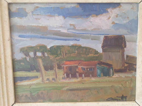 Léo Ayotte (1909-1976) , Paysage à La Cabane , Oil on cardboard , XX°.