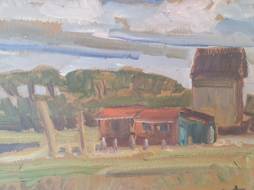 Léo Ayotte (1909-1976) , Paysage à La Cabane , Oil on cardboard , XX°.