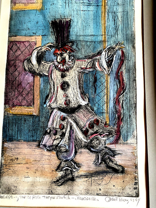 Beautiful etching by Norwegian artist Knut Tiberg depicting a Clown from the "80s".