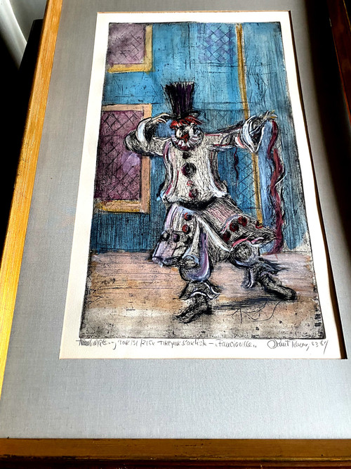 Beautiful etching by Norwegian artist Knut Tiberg depicting a Clown from the "80s".