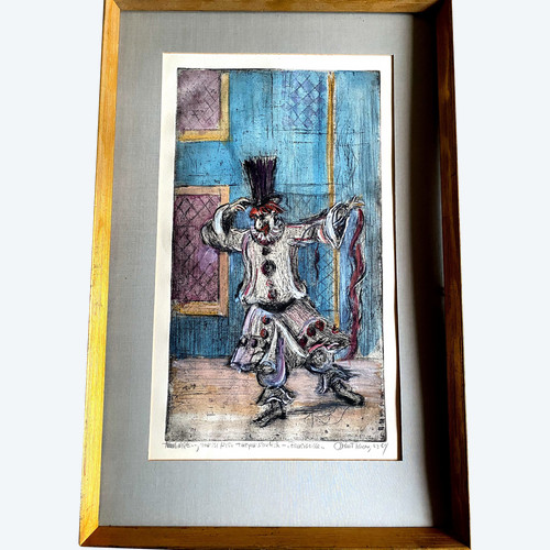 Beautiful etching by Norwegian artist Knut Tiberg depicting a Clown from the "80s".