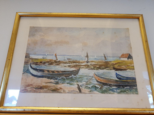 Bassin d'Arcachon , Pinassottes , Watercolor , Signed , XXth century