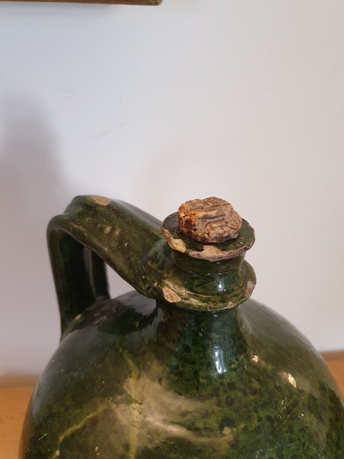 Jarre à Huile De Noix , Saintonge/charente , Terre Cuite Vernissée Verte, XIX Siècle.